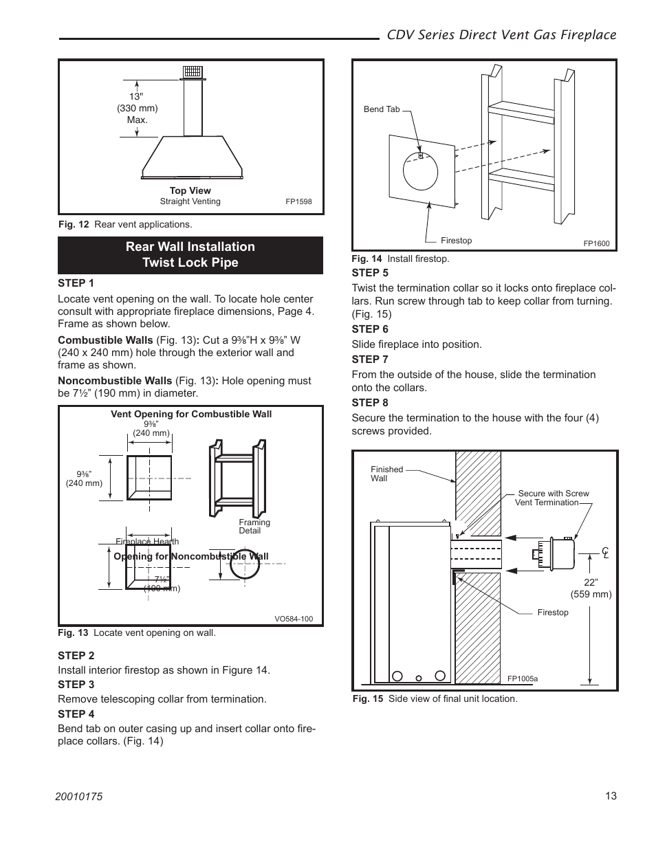 Cdv series direct vent gas fireplace, Rear wall installation twist lock pipe | Vermont Casting 36CDVRRN User Manual | Page 13 / 40