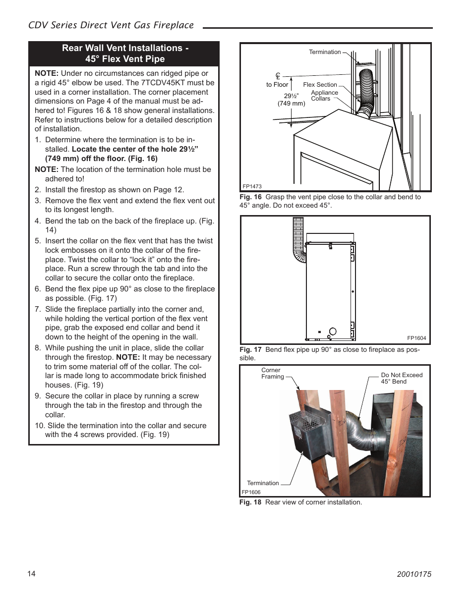 Cdv series direct vent gas fireplace, Rear wall vent installations - 45° flex vent pipe | Vermont Casting 36CDVRRN User Manual | Page 14 / 40