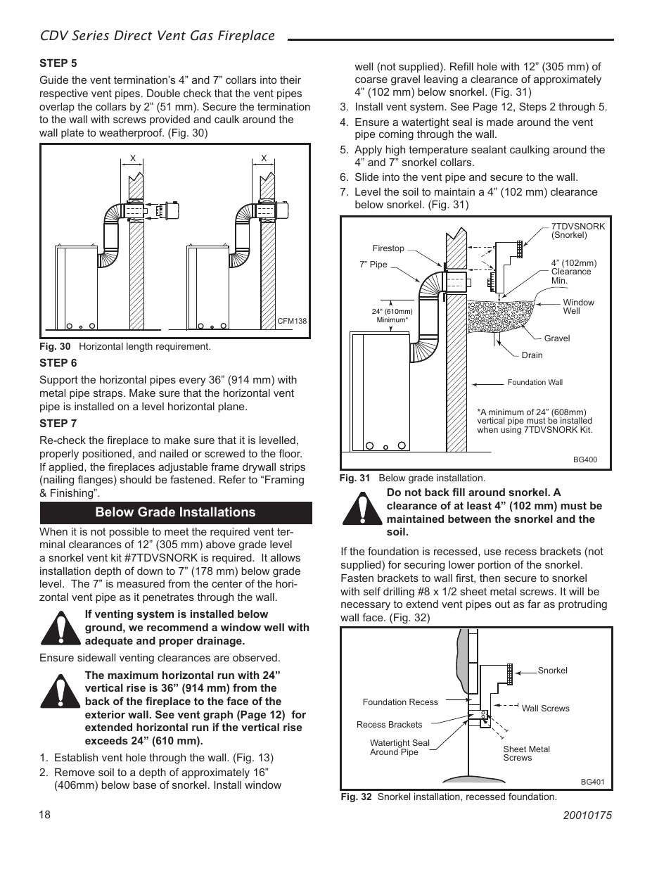 Cdv series direct vent gas fireplace, Below grade installations | Vermont Casting 36CDVRRN User Manual | Page 18 / 40