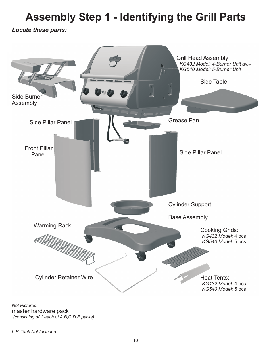 Assembly step 1 - identifying the grill parts | Vermont Casting Gas Grill User Manual | Page 10 / 36
