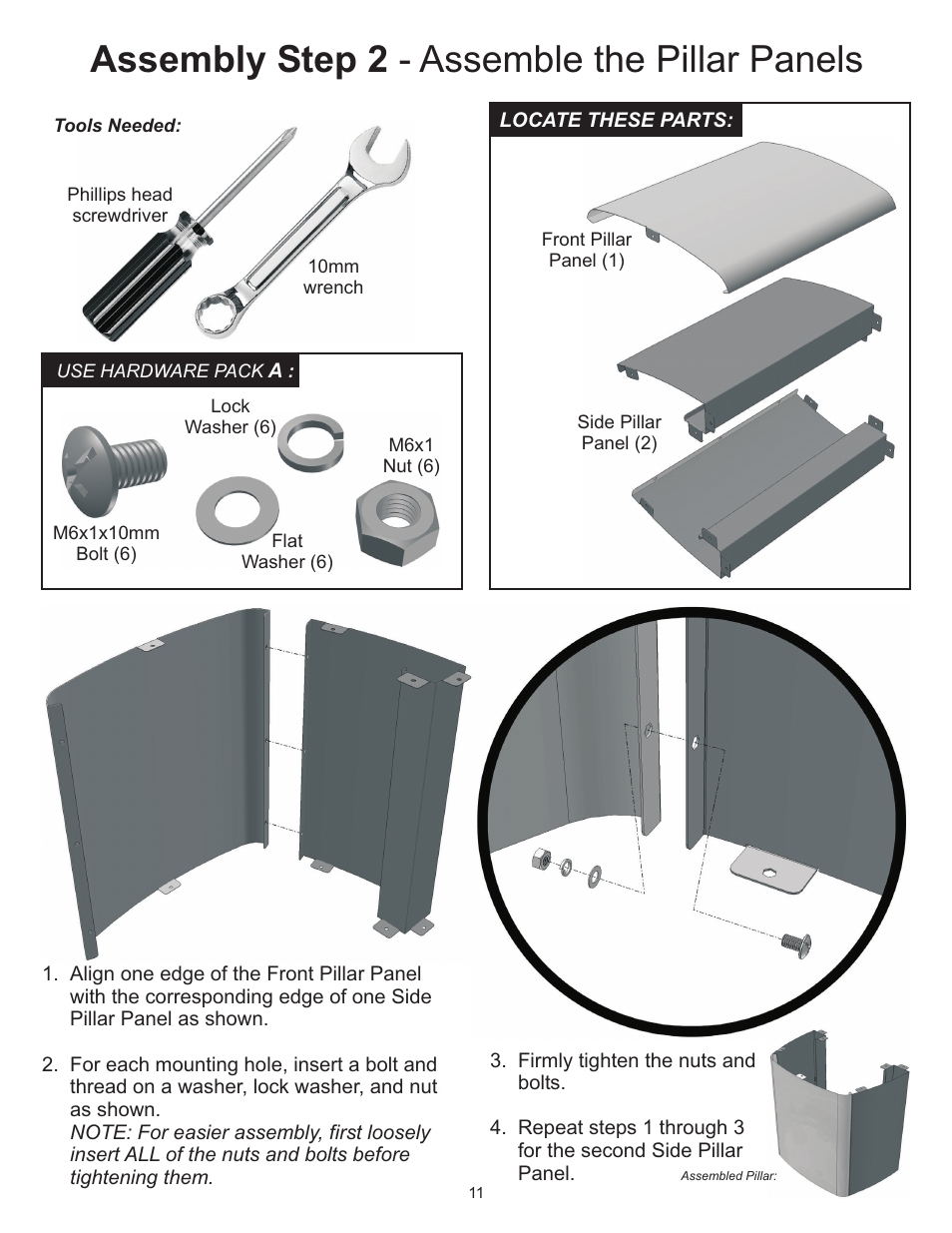 Assembly step 2 - assemble the pillar panels | Vermont Casting Gas Grill User Manual | Page 11 / 36