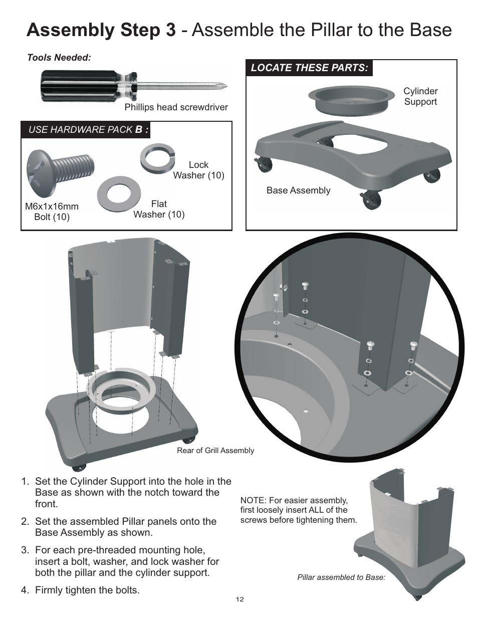 Assembly step 3 - assemble the pillar to the base | Vermont Casting Gas Grill User Manual | Page 12 / 36
