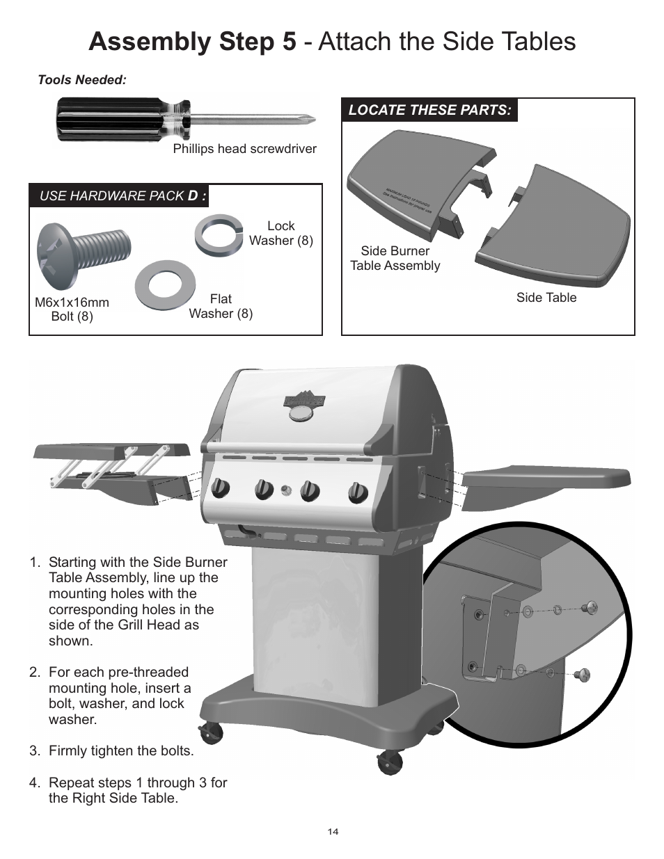 Assembly step 5 - attach the side tables | Vermont Casting Gas Grill User Manual | Page 14 / 36