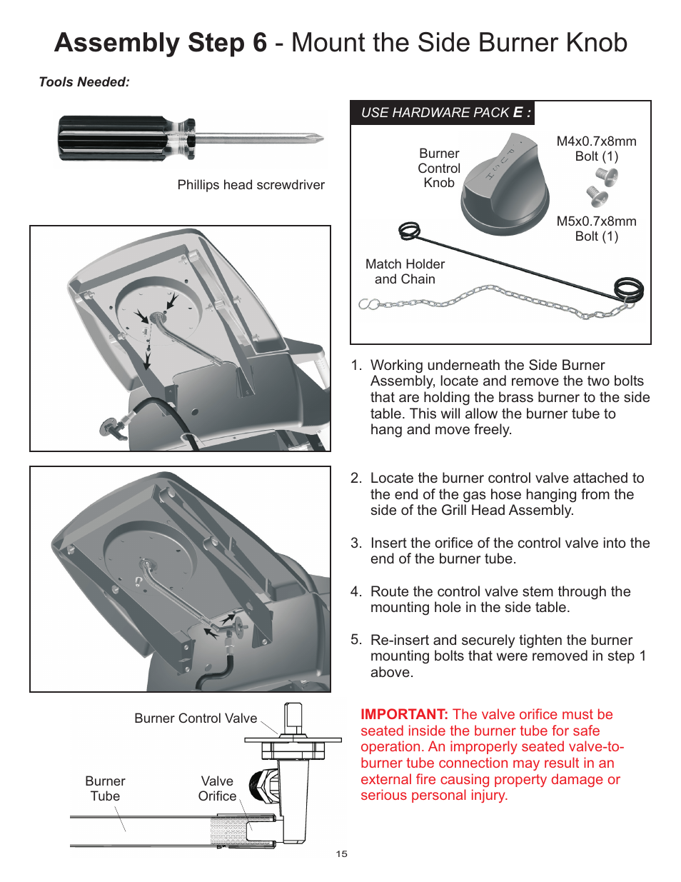 Assembly step 6 - mount the side burner knob | Vermont Casting Gas Grill User Manual | Page 15 / 36