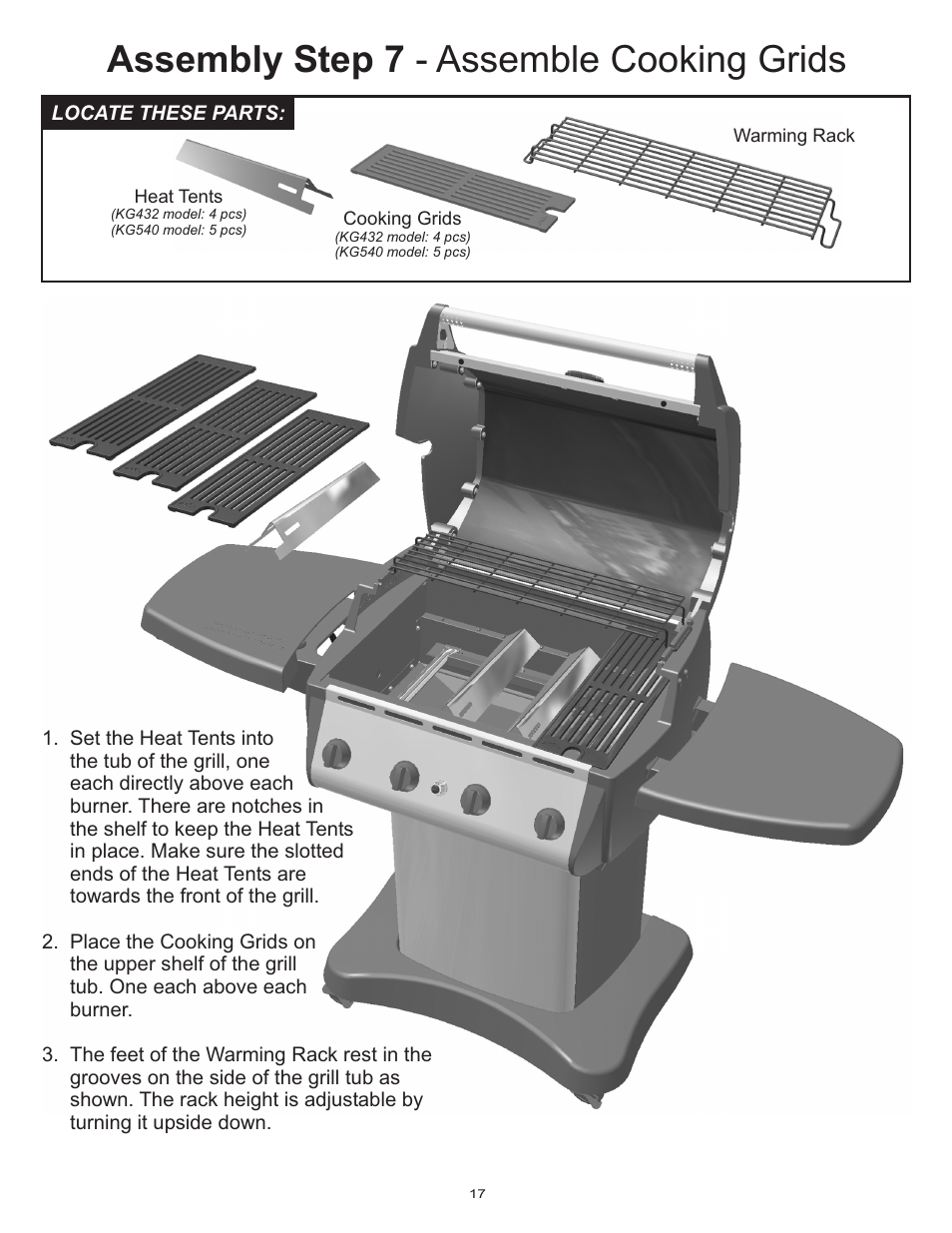 Assembly step 7 - assemble cooking grids | Vermont Casting Gas Grill User Manual | Page 17 / 36