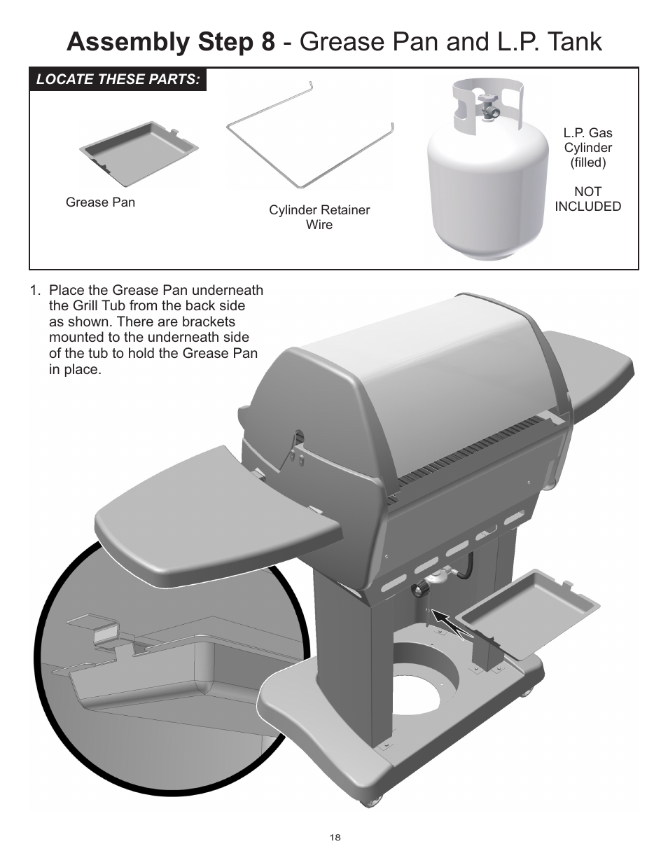 Assembly step 8 - grease pan and l.p. tank | Vermont Casting Gas Grill User Manual | Page 18 / 36