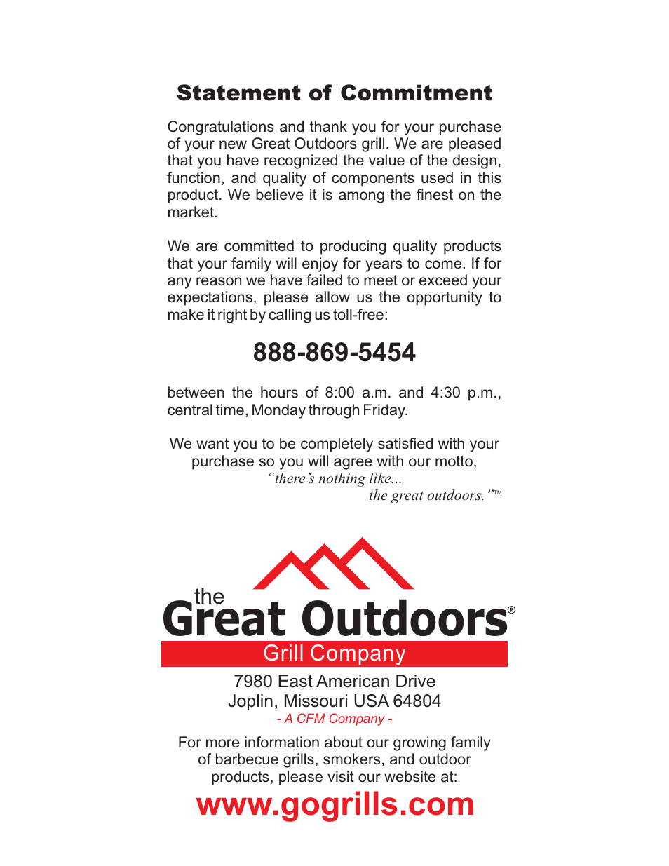Great outdoors, Statement of commitment, The grill company | Vermont Casting Gas Grill User Manual | Page 2 / 36
