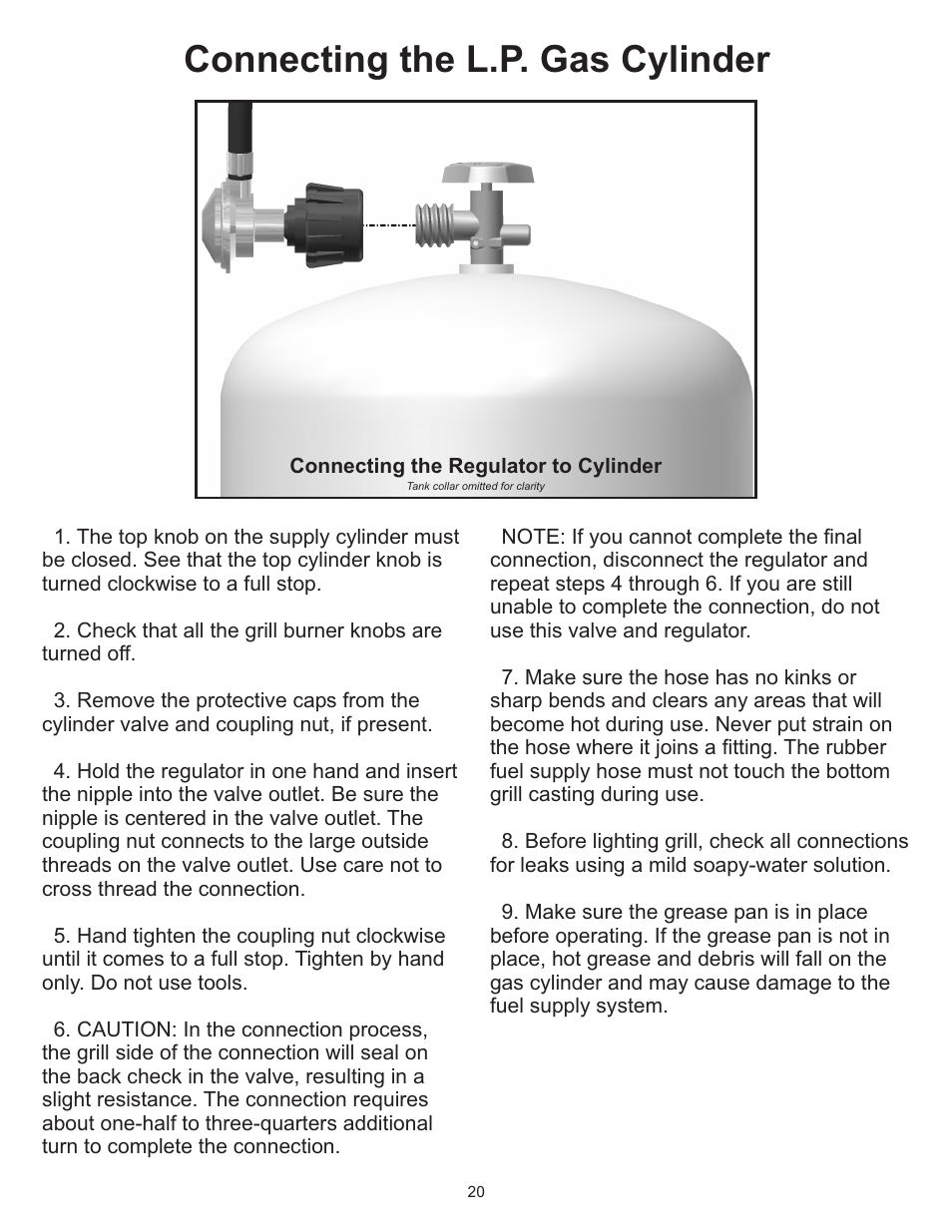Connecting the l.p. gas cylinder | Vermont Casting Gas Grill User Manual | Page 20 / 36