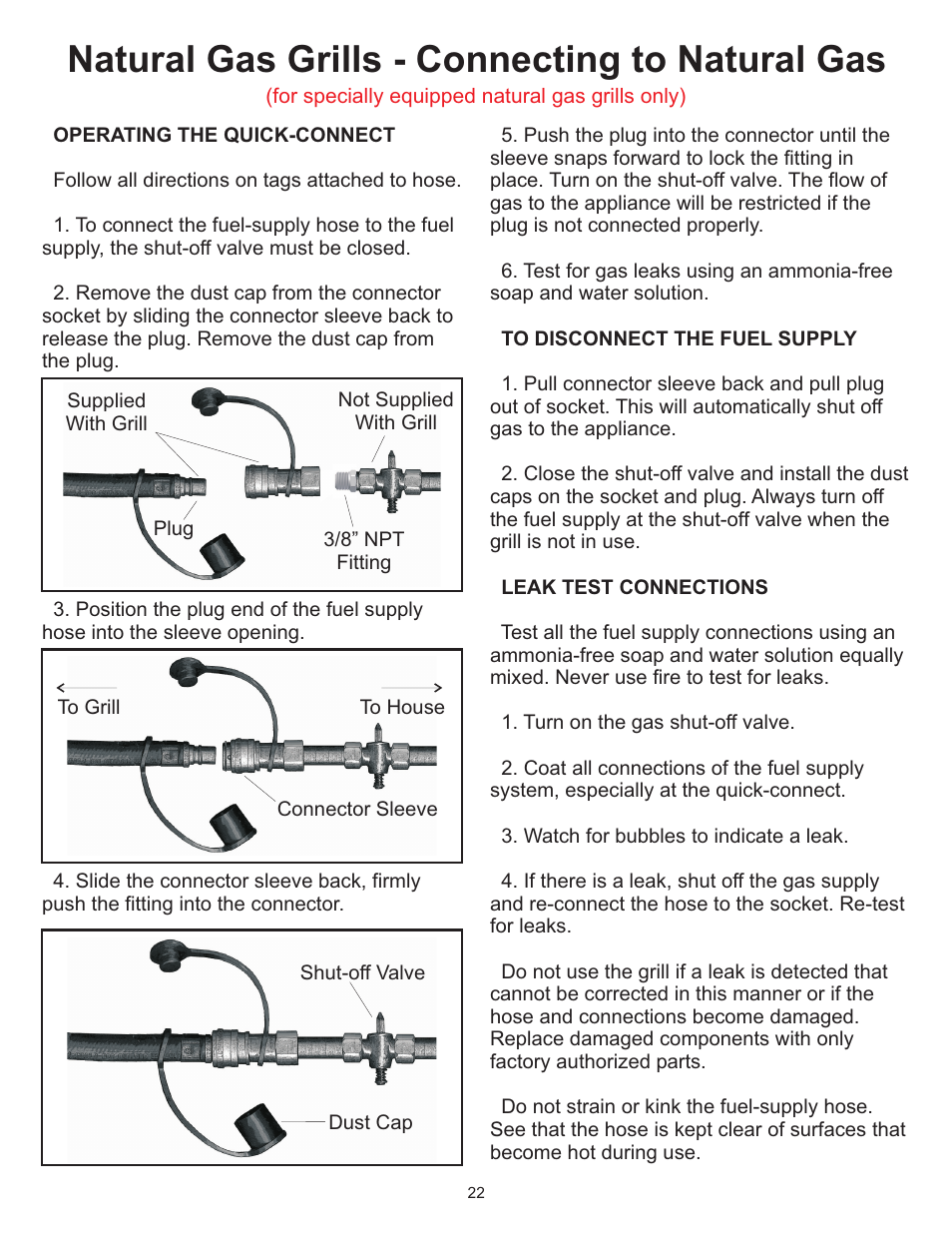 Natural gas grills - connecting to natural gas | Vermont Casting Gas Grill User Manual | Page 22 / 36