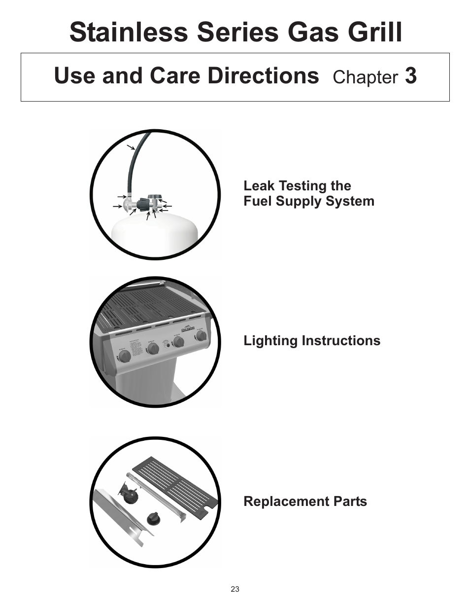 Stainless series gas grill, Use and care directions 3, Chapter | Vermont Casting Gas Grill User Manual | Page 23 / 36