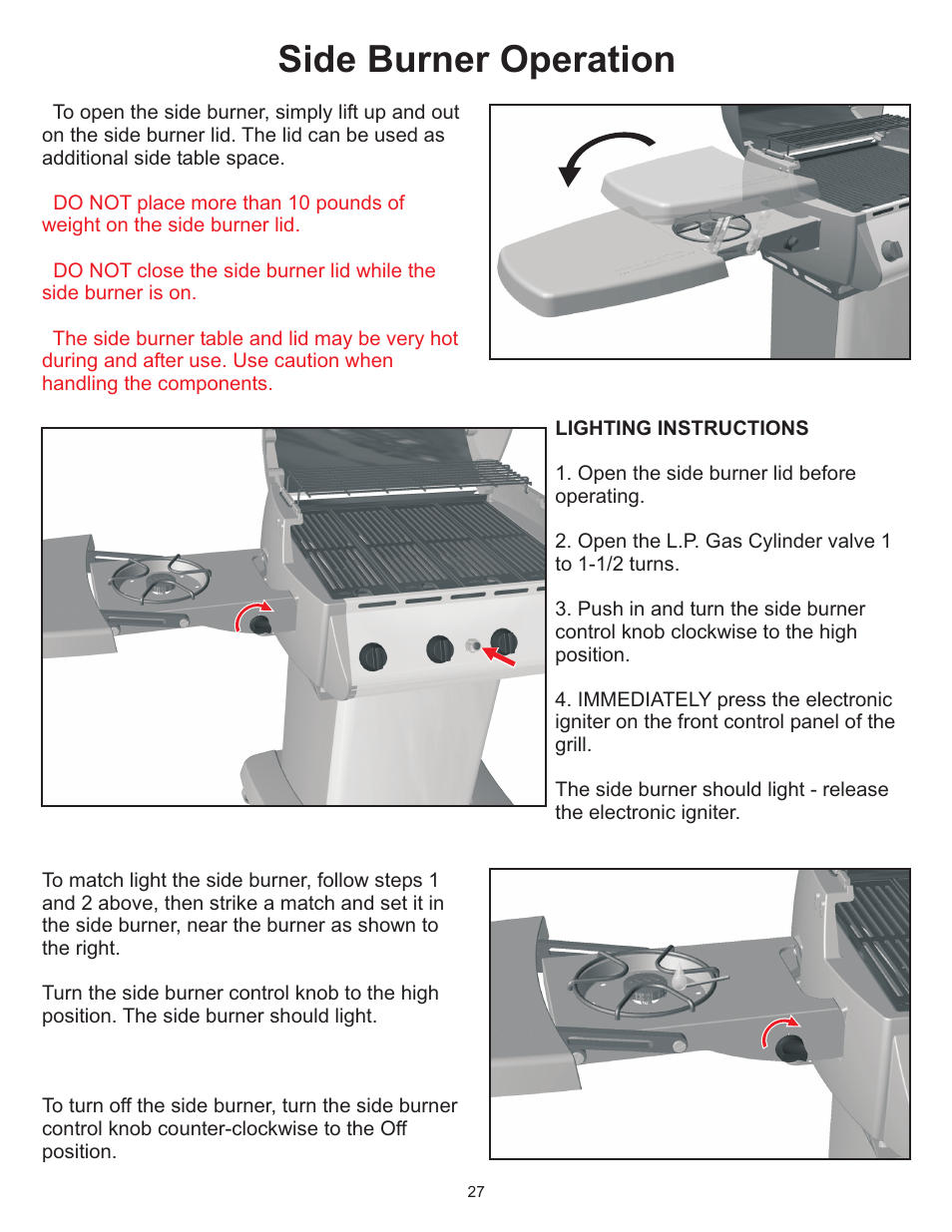 Side burner operation | Vermont Casting Gas Grill User Manual | Page 27 / 36