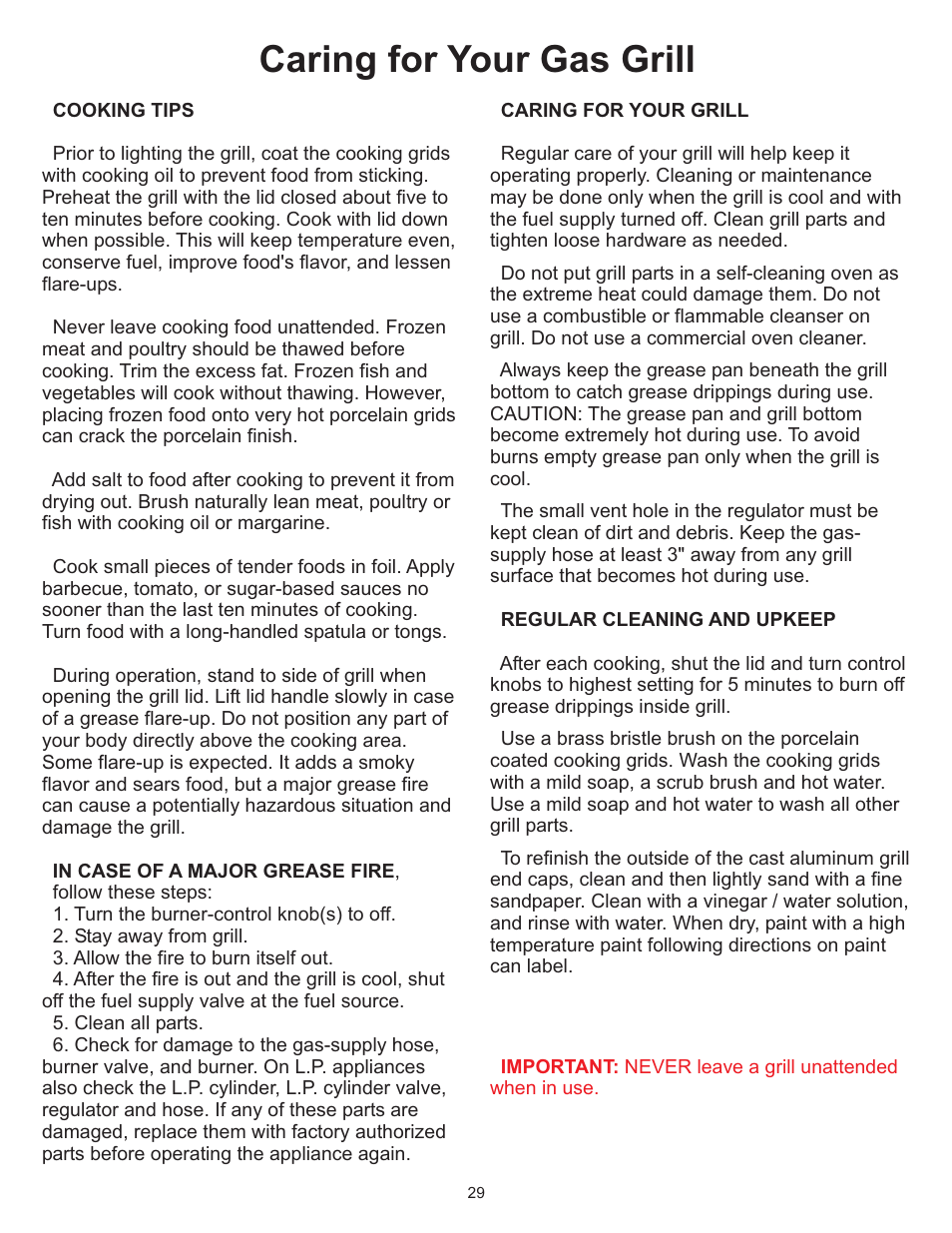 Caring for your gas grill | Vermont Casting Gas Grill User Manual | Page 29 / 36