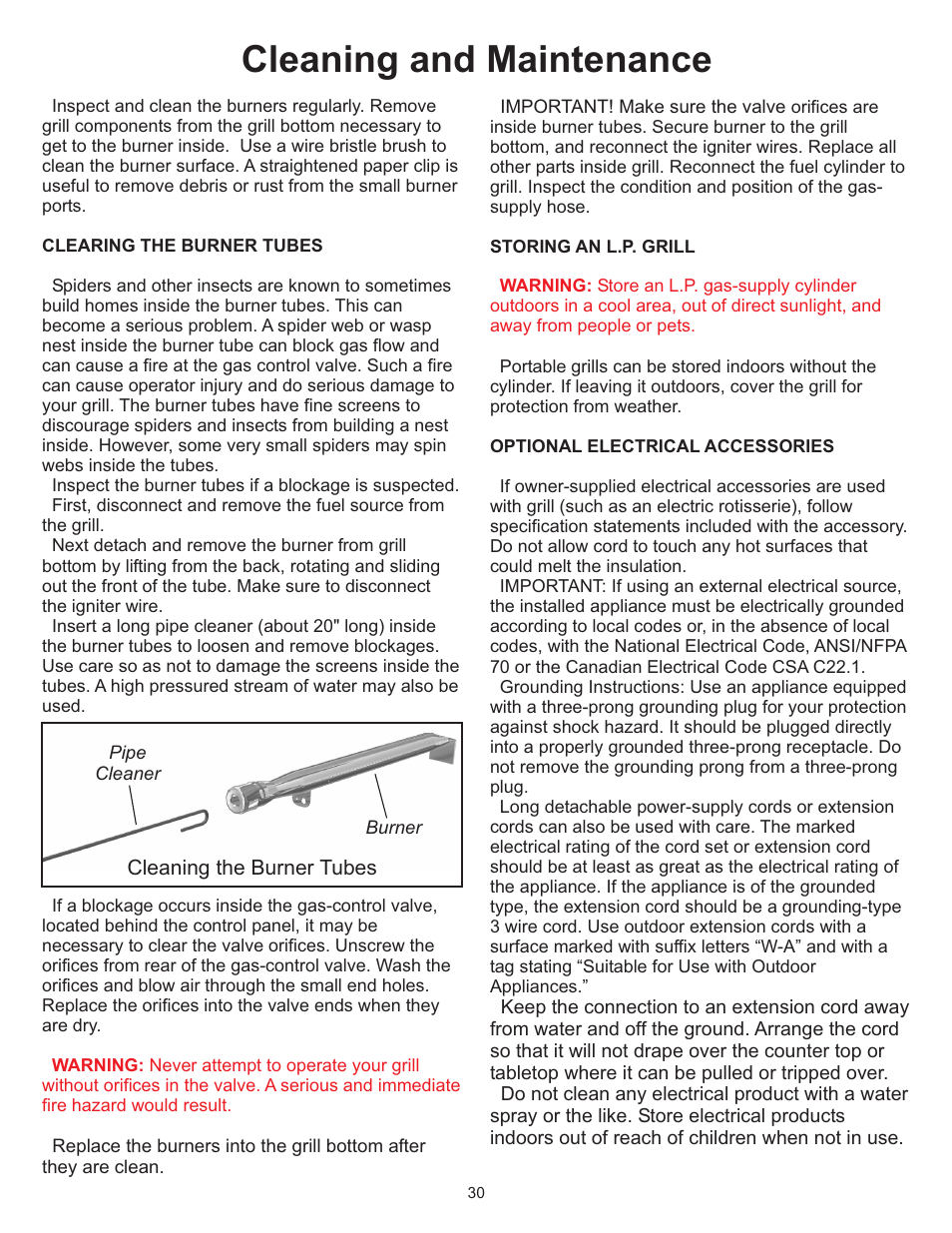 Cleaning and maintenance | Vermont Casting Gas Grill User Manual | Page 30 / 36