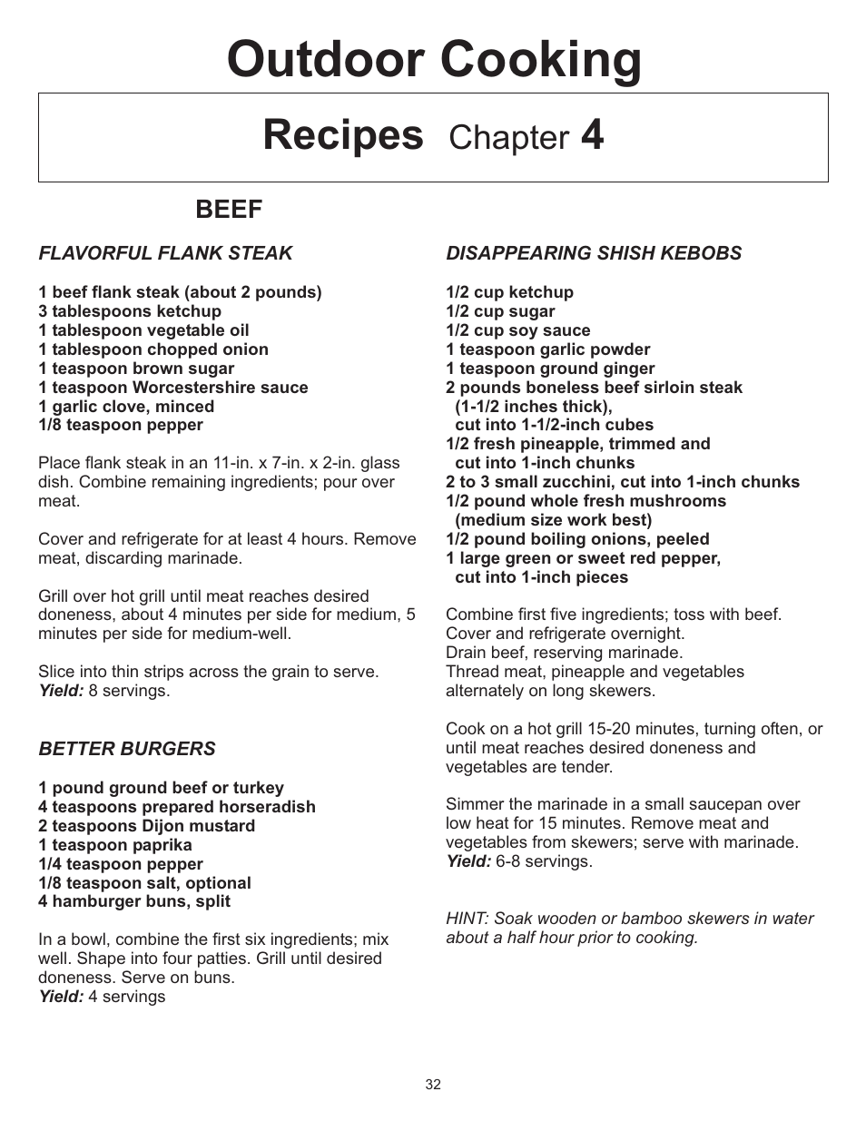 Outdoor cooking, Recipes 4, Chapter | Beef | Vermont Casting Gas Grill User Manual | Page 32 / 36