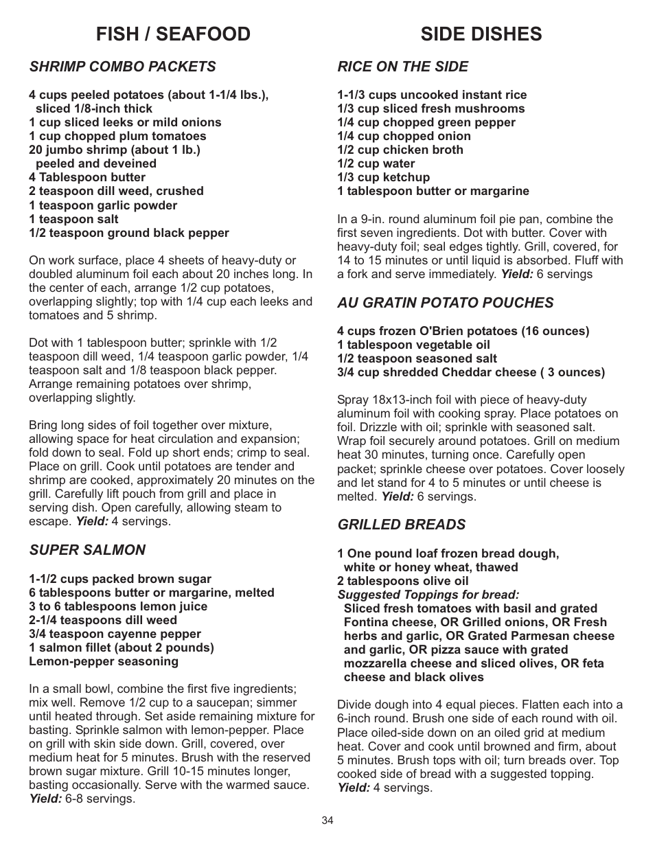 Side dishes, Fish / seafood | Vermont Casting Gas Grill User Manual | Page 34 / 36