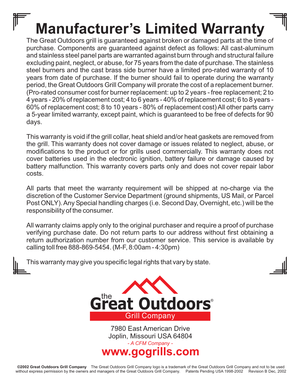 Great outdoors, Manufacturer’s limited warranty | Vermont Casting Gas Grill User Manual | Page 36 / 36