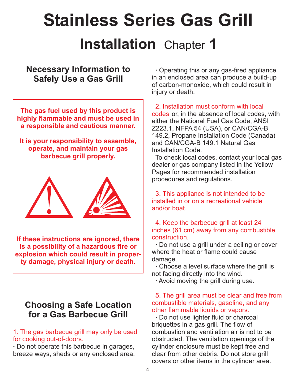 Stainless series gas grill, Installation 1, Chapter | Vermont Casting Gas Grill User Manual | Page 4 / 36
