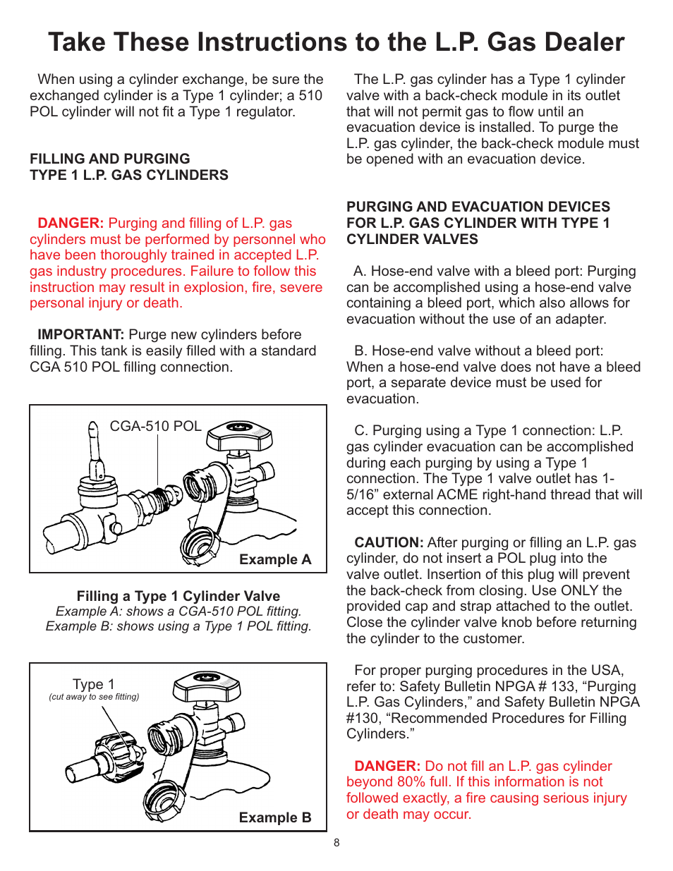 Take these instructions to the l.p. gas dealer | Vermont Casting Gas Grill User Manual | Page 8 / 36