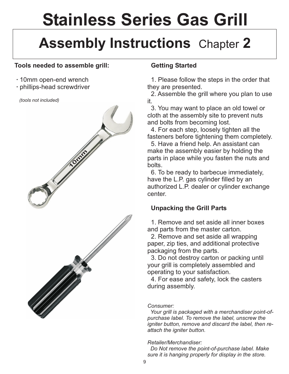 Stainless series gas grill, Assembly instructions 2, Chapter | Vermont Casting Gas Grill User Manual | Page 9 / 36
