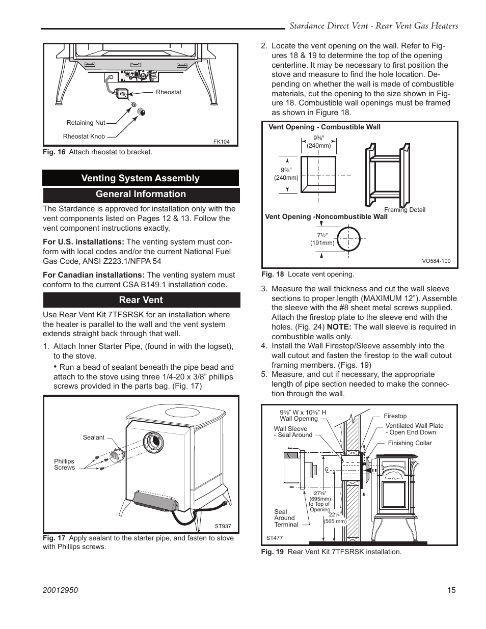 Stardance direct vent - rear vent gas heaters, Venting system assembly general information, Rear vent | Vermont Casting SDDVRBS User Manual | Page 15 / 52