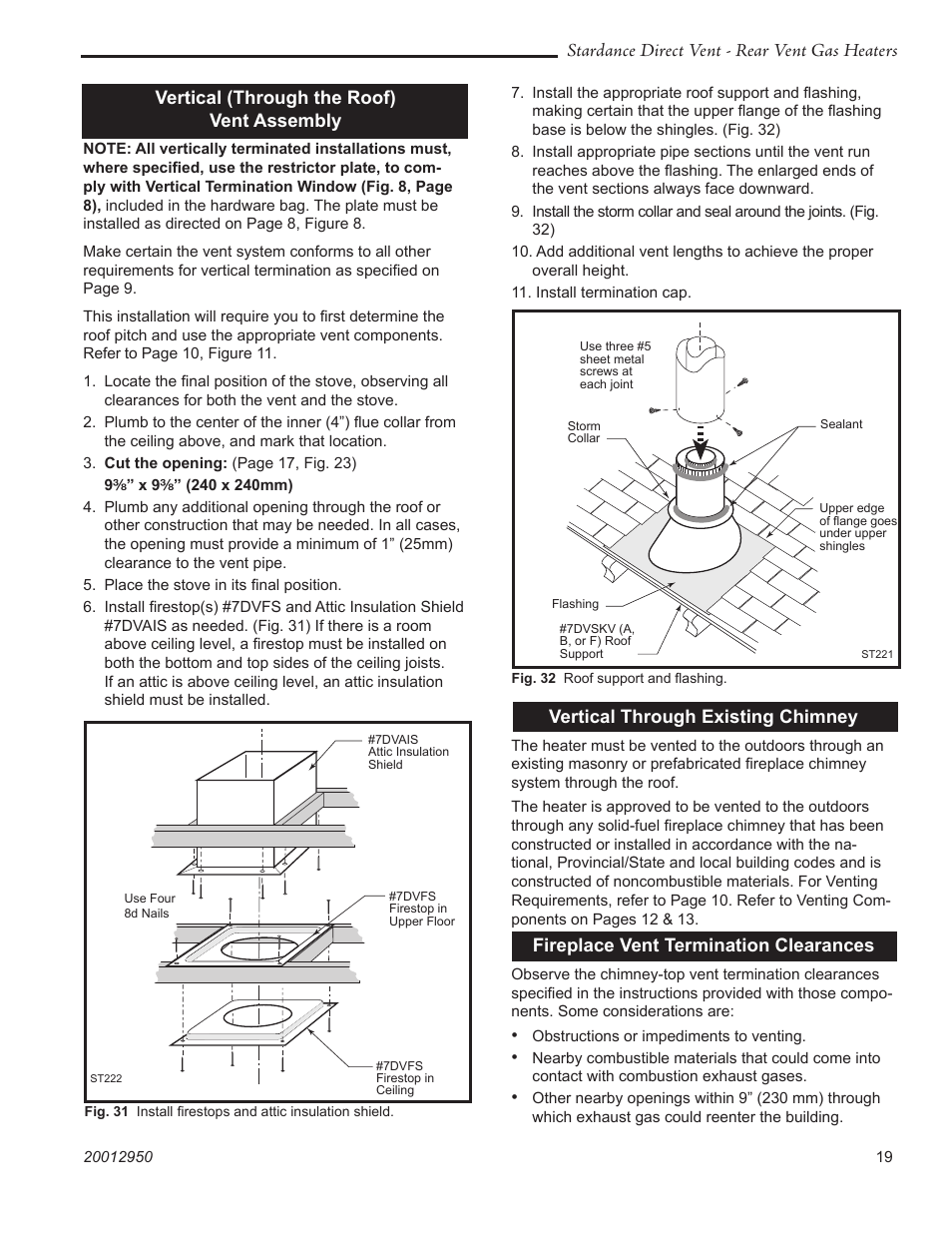 Stardance direct vent - rear vent gas heaters, Vertical (through the roof) vent assembly, Vertical through existing chimney | Fireplace vent termination clearances | Vermont Casting SDDVRBS User Manual | Page 19 / 52