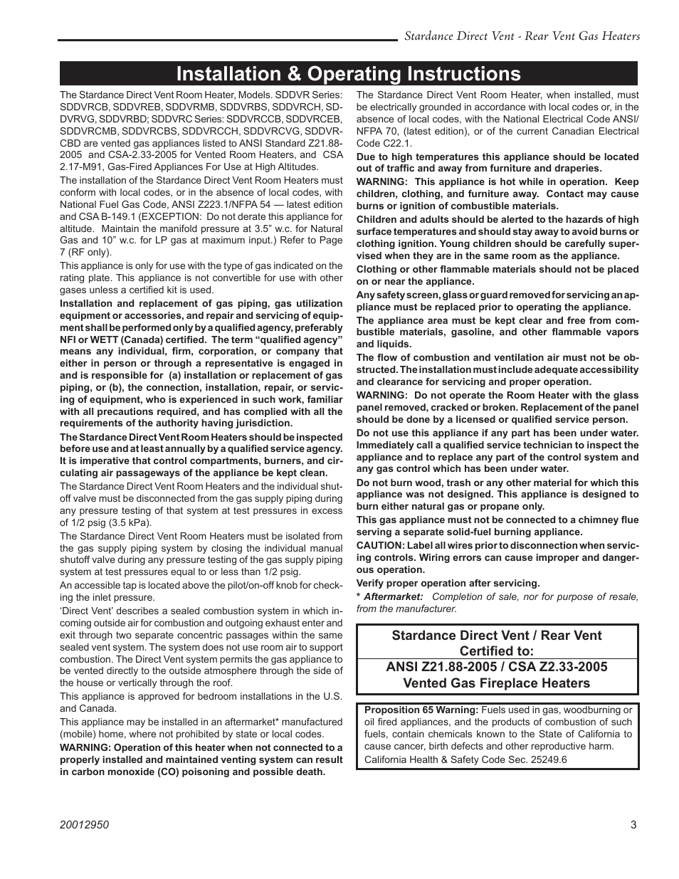 Installation & operating instructions | Vermont Casting SDDVRBS User Manual | Page 3 / 52