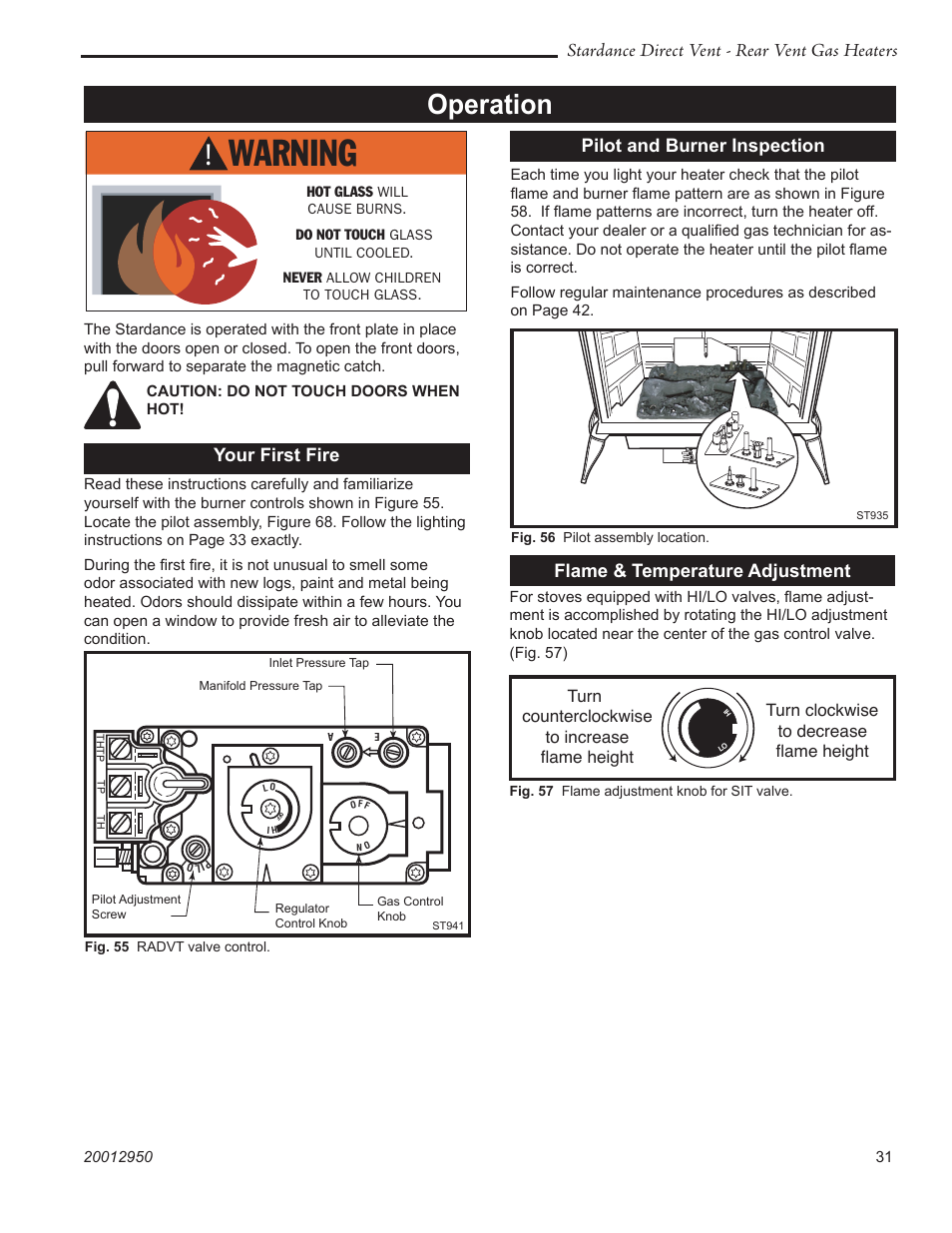 Operation, Stardance direct vent - rear vent gas heaters, Pilot and burner inspection | Flame & temperature adjustment, Your first fire | Vermont Casting SDDVRBS User Manual | Page 31 / 52