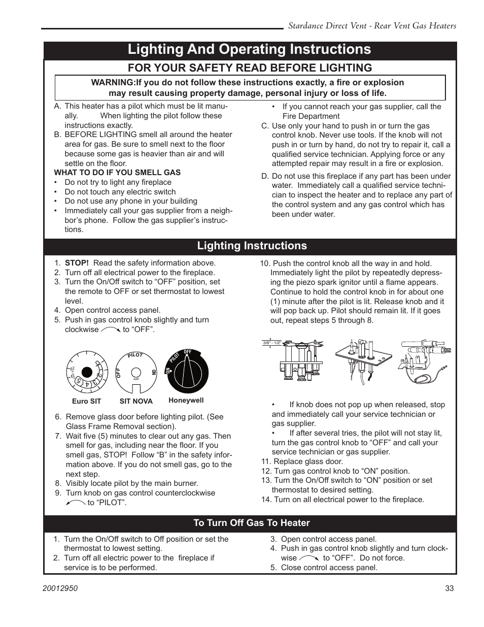 Lighting and operating instructions, For your safety read before lighting, Lighting instructions | Stardance direct vent - rear vent gas heaters | Vermont Casting SDDVRBS User Manual | Page 33 / 52