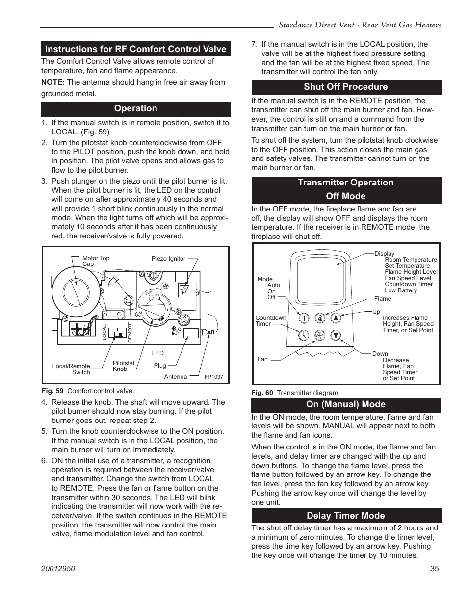 Stardance direct vent - rear vent gas heaters, Instructions for rf comfort control valve, Operation | Shut off procedure, Transmitter operation off mode, On (manual) mode, Delay timer mode | Vermont Casting SDDVRBS User Manual | Page 35 / 52