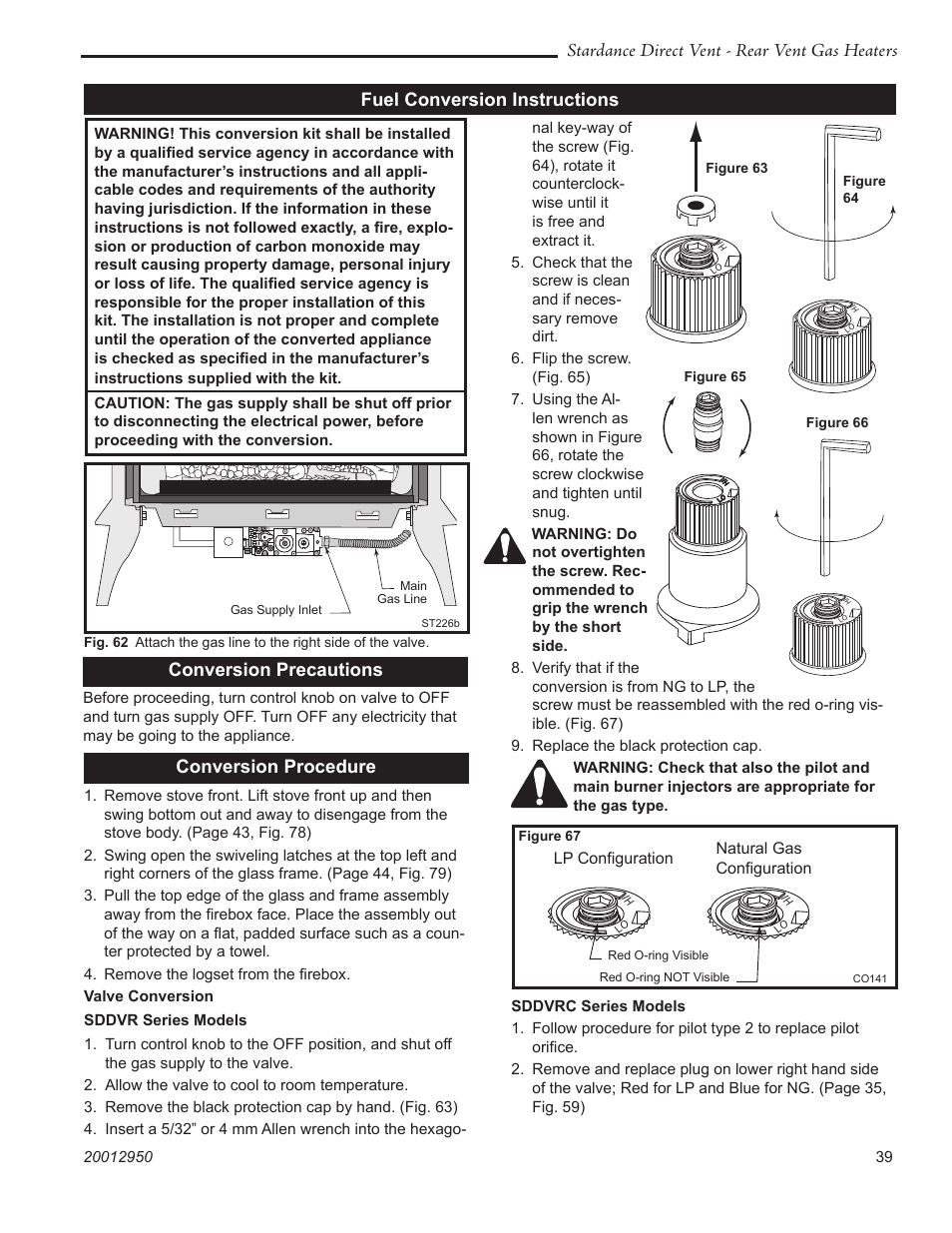 Stardance direct vent - rear vent gas heaters, Conversion precautions, Fuel conversion instructions conversion procedure | Vermont Casting SDDVRBS User Manual | Page 39 / 52