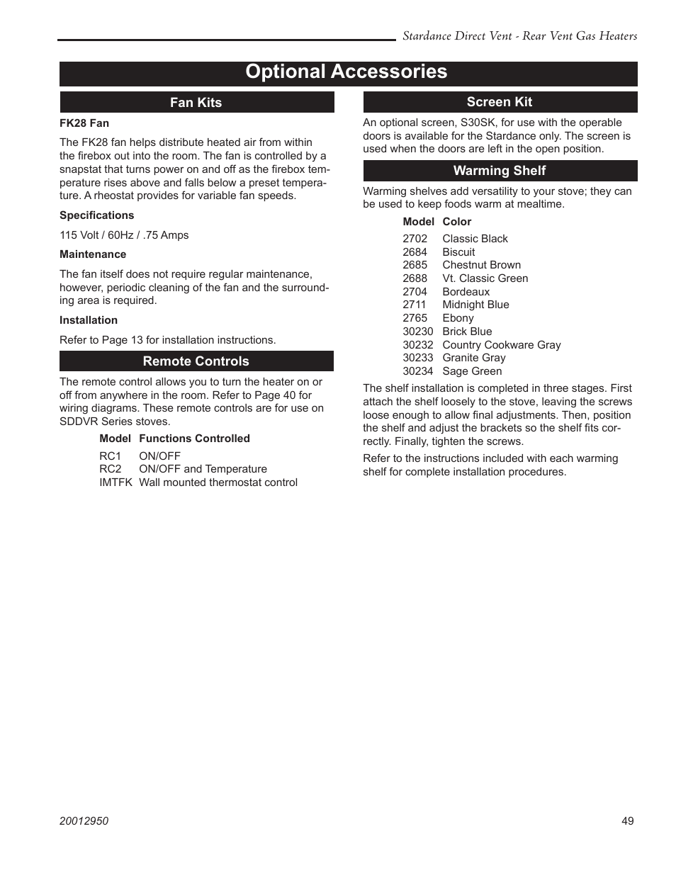 Optional accessories | Vermont Casting SDDVRBS User Manual | Page 49 / 52