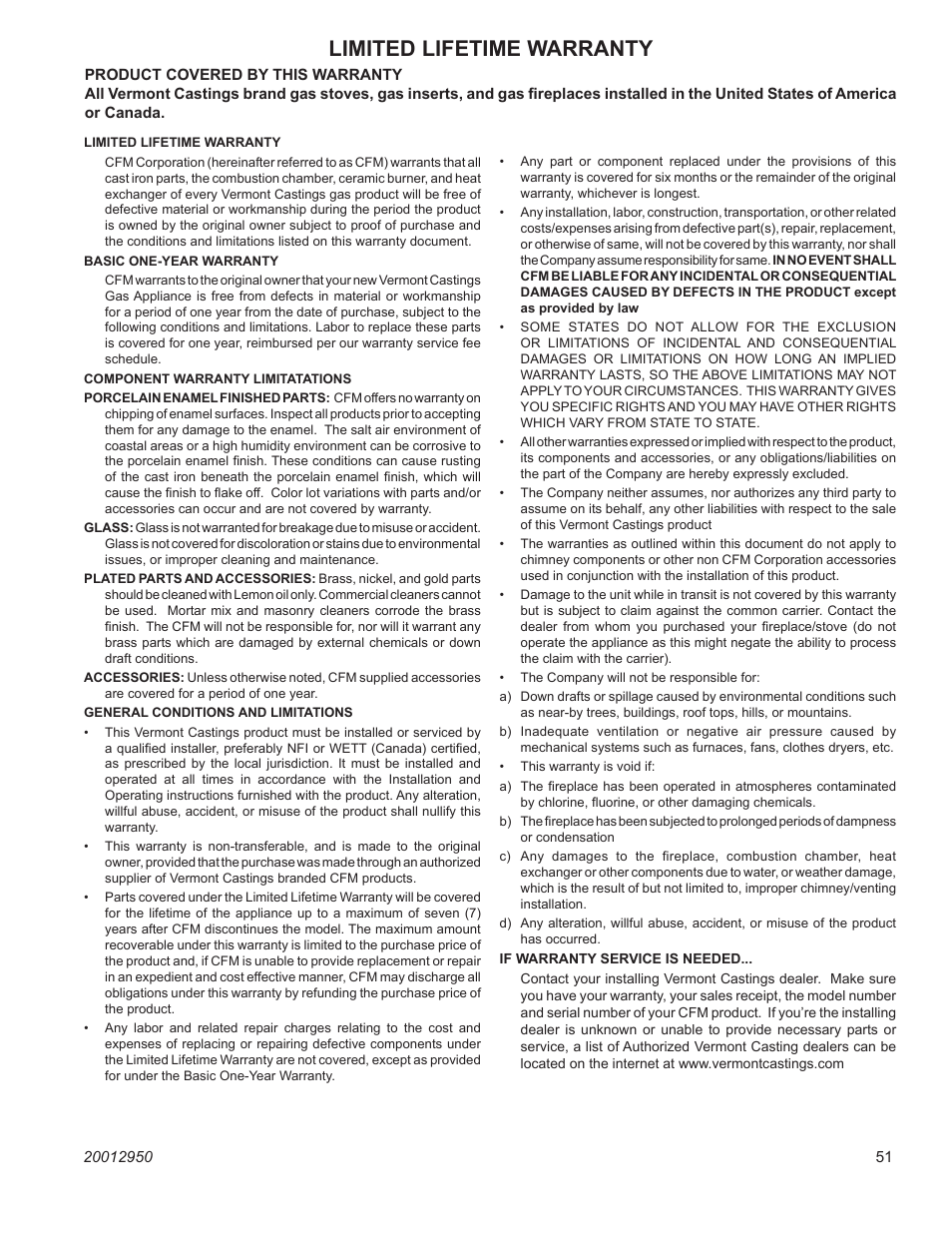 Limited lifetime warranty, Stardance direct vent - rear vent gas heaters | Vermont Casting SDDVRBS User Manual | Page 51 / 52