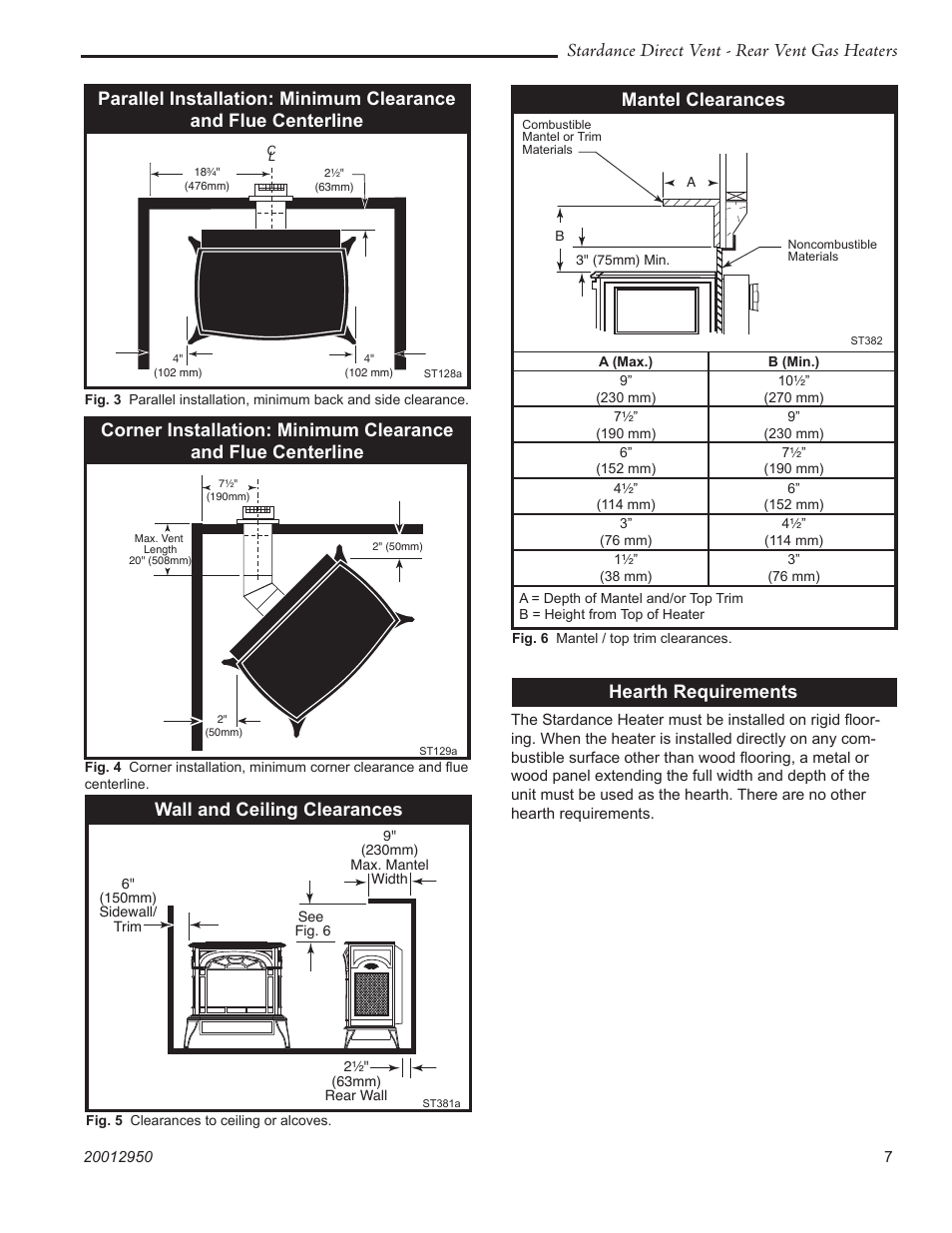 Stardance direct vent - rear vent gas heaters, Wall and ceiling clearances, Mantel clearances | Hearth requirements | Vermont Casting SDDVRBS User Manual | Page 7 / 52