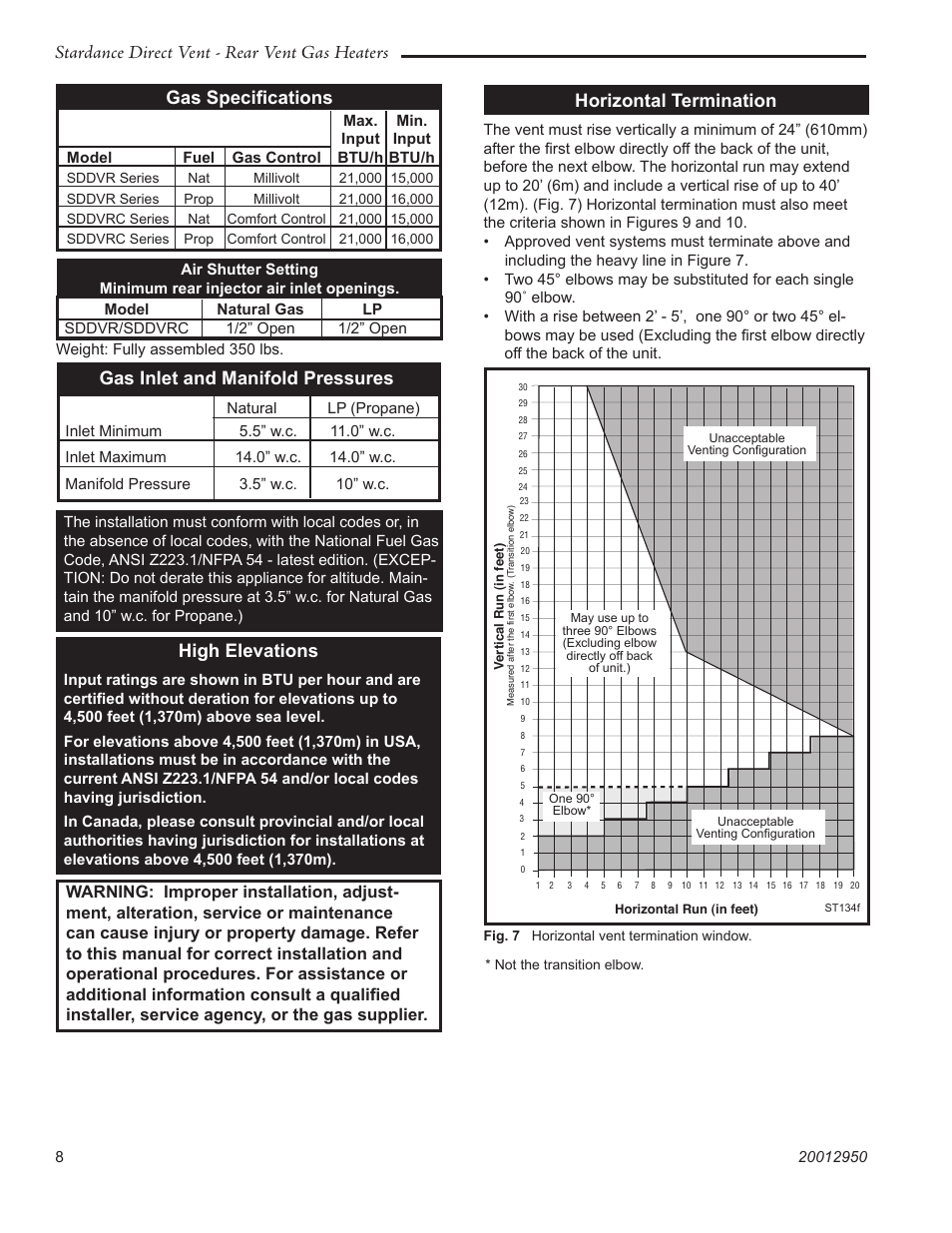 Stardance direct vent - rear vent gas heaters, Gas speciﬁcations, Gas inlet and manifold pressures | High elevations, Horizontal termination | Vermont Casting SDDVRBS User Manual | Page 8 / 52