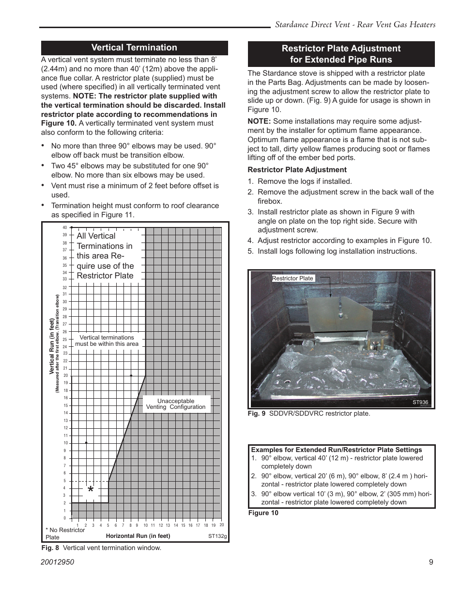 Stardance direct vent - rear vent gas heaters, Vertical termination, Restrictor plate adjustment for extended pipe runs | Vermont Casting SDDVRBS User Manual | Page 9 / 52