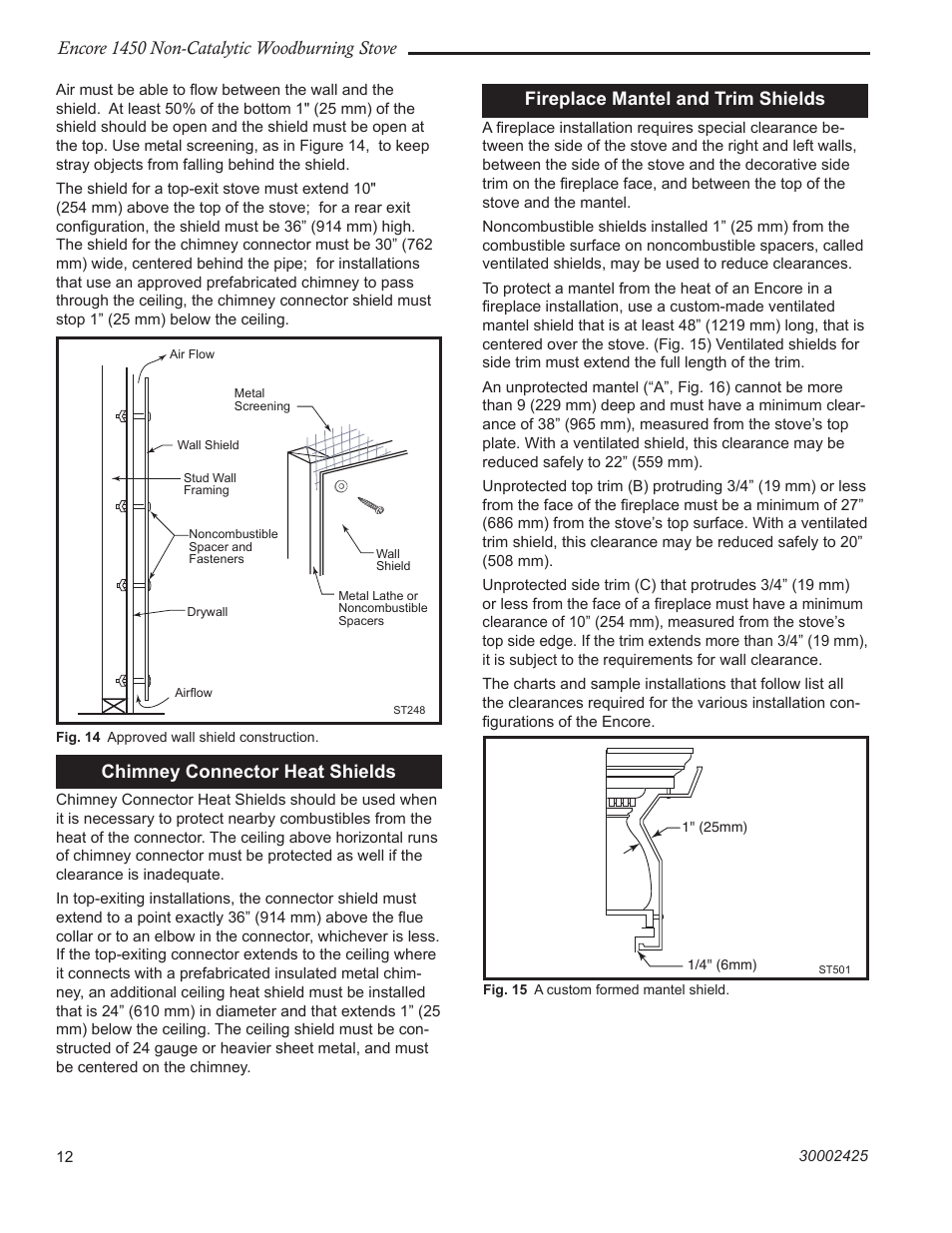 Encore 1450 non-catalytic woodburning stove, Chimney connector heat shields, Fireplace mantel and trim shields | Vermont Casting Encore NC 1450 User Manual | Page 12 / 36