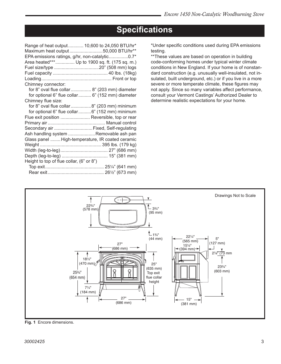 Speciﬁcations, Encore 1450 non-catalytic woodburning stove | Vermont Casting Encore NC 1450 User Manual | Page 3 / 36