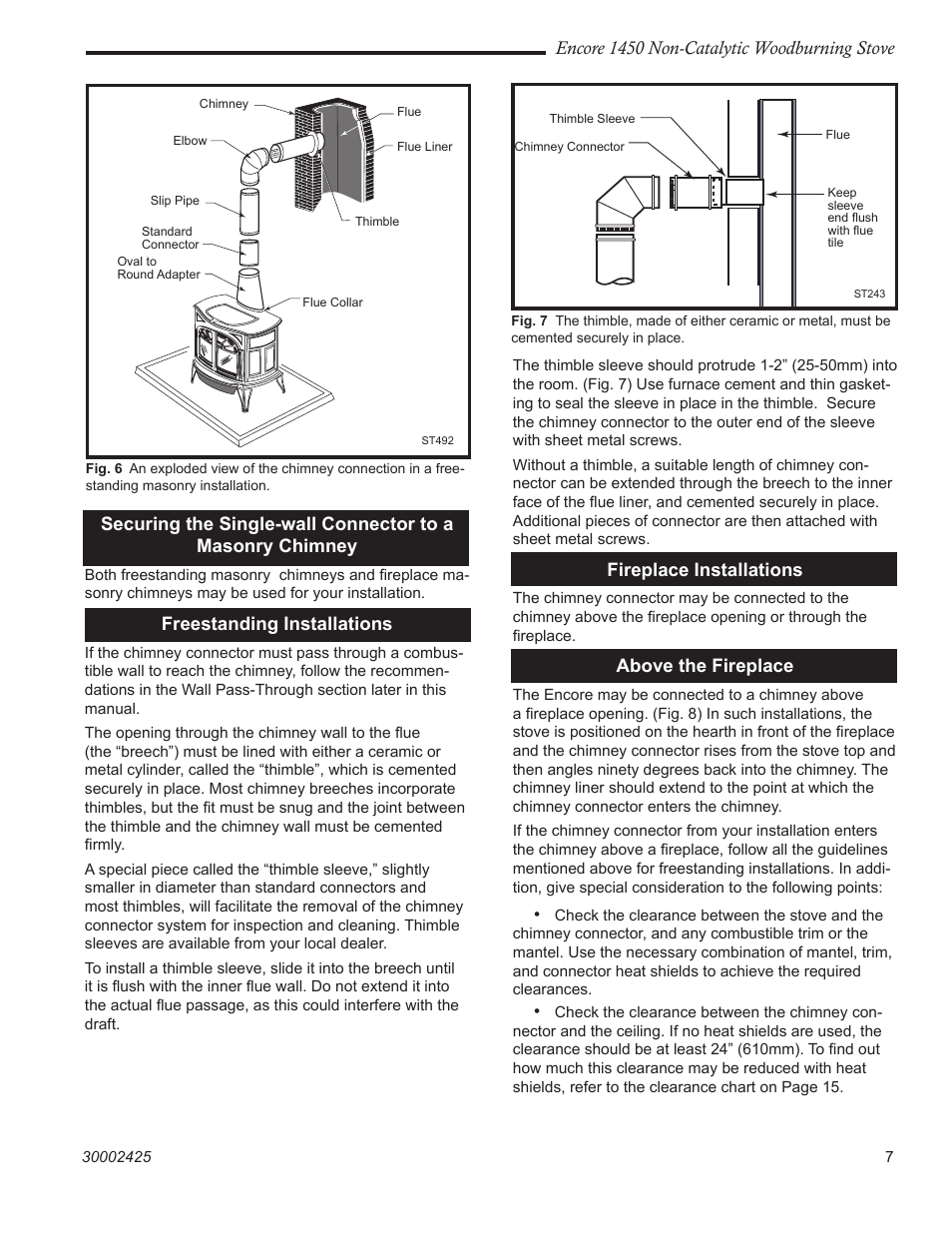 Encore 1450 non-catalytic woodburning stove, Freestanding installations, Fireplace installations | Above the fireplace | Vermont Casting Encore NC 1450 User Manual | Page 7 / 36