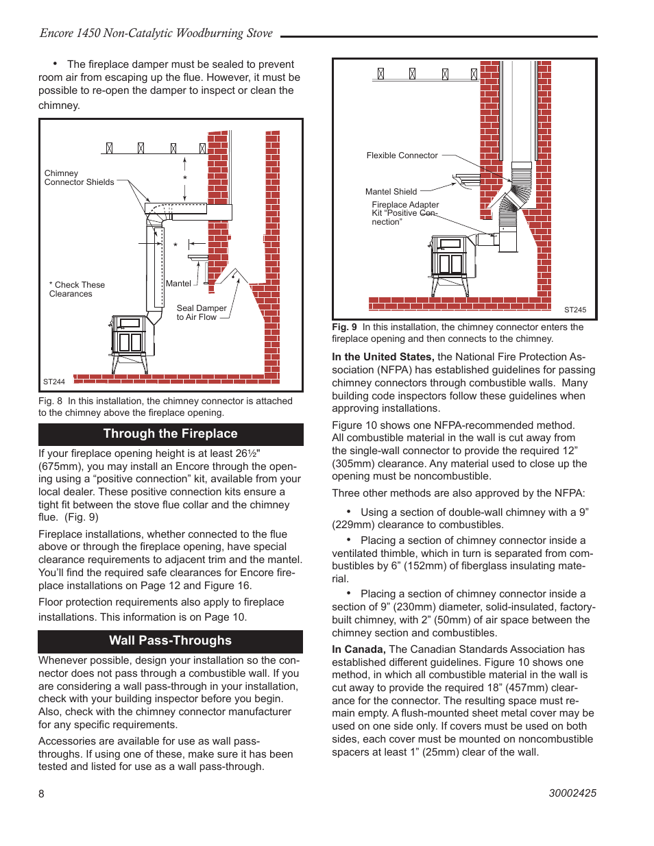 Encore 1450 non-catalytic woodburning stove, Through the fireplace, Wall pass-throughs | Vermont Casting Encore NC 1450 User Manual | Page 8 / 36