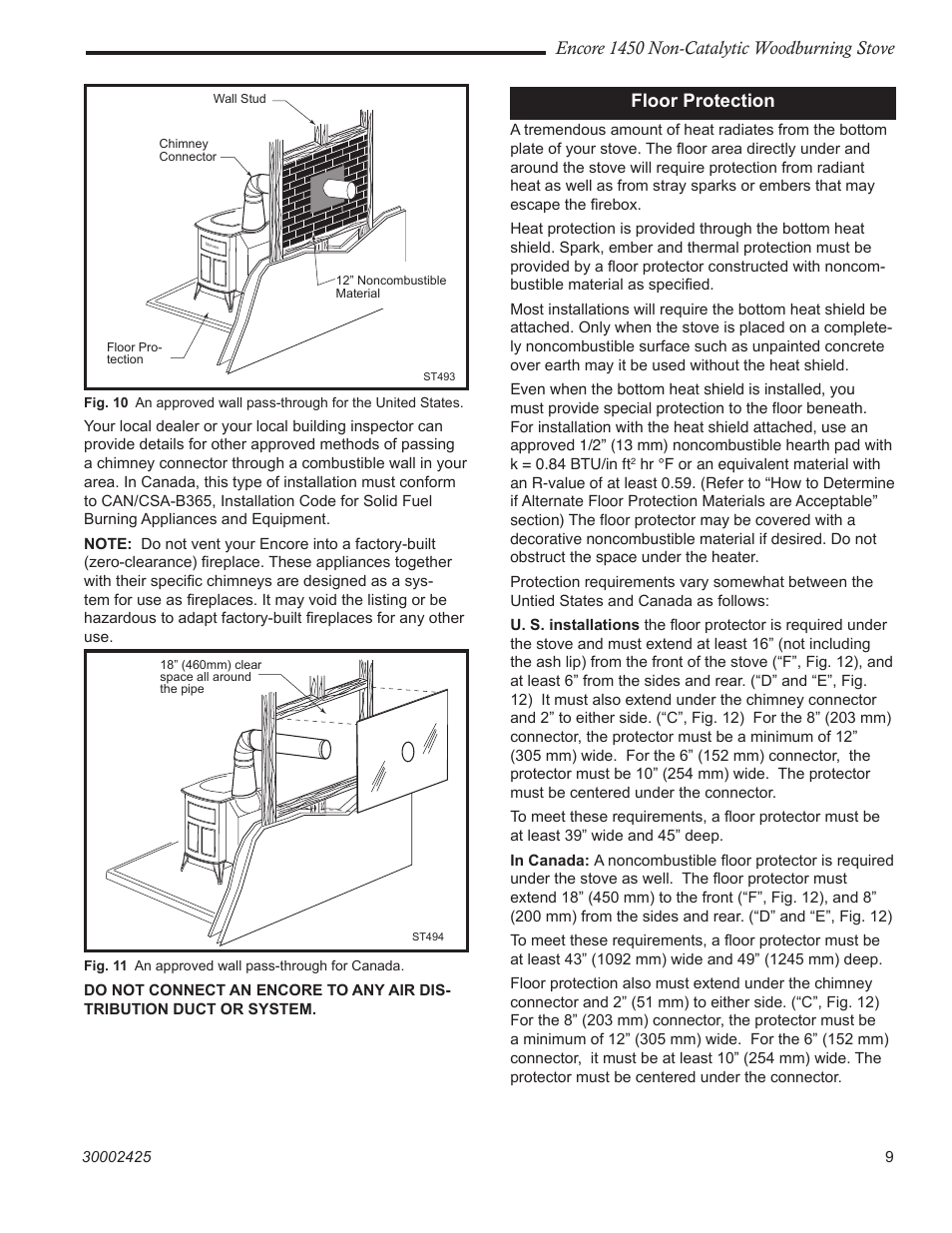 Encore 1450 non-catalytic woodburning stove, Floor protection | Vermont Casting Encore NC 1450 User Manual | Page 9 / 36