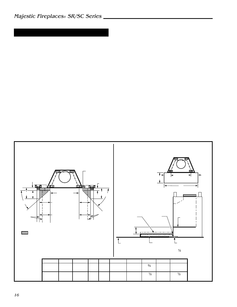 Majestic fireplaces, Sr/sc series, Hearth installation | Minimum wall clearances, Minimum hearth extension dimensions | Vermont Casting SC36 User Manual | Page 16 / 24