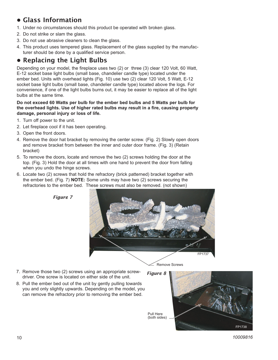 Glass information, Replacing the light bulbs | Vermont Casting EF26FG User Manual | Page 10 / 16