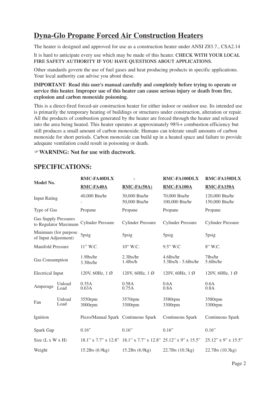 Dyna-glo propane forced air construction heaters, Specifications | Vermont Casting ANSI Z83.7-2000 User Manual | Page 3 / 14