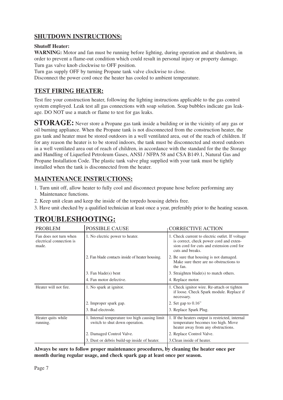 Storage, Troubleshooting, Shutdown instructions | Test firing heater, Maintenance instructions | Vermont Casting ANSI Z83.7-2000 User Manual | Page 8 / 14