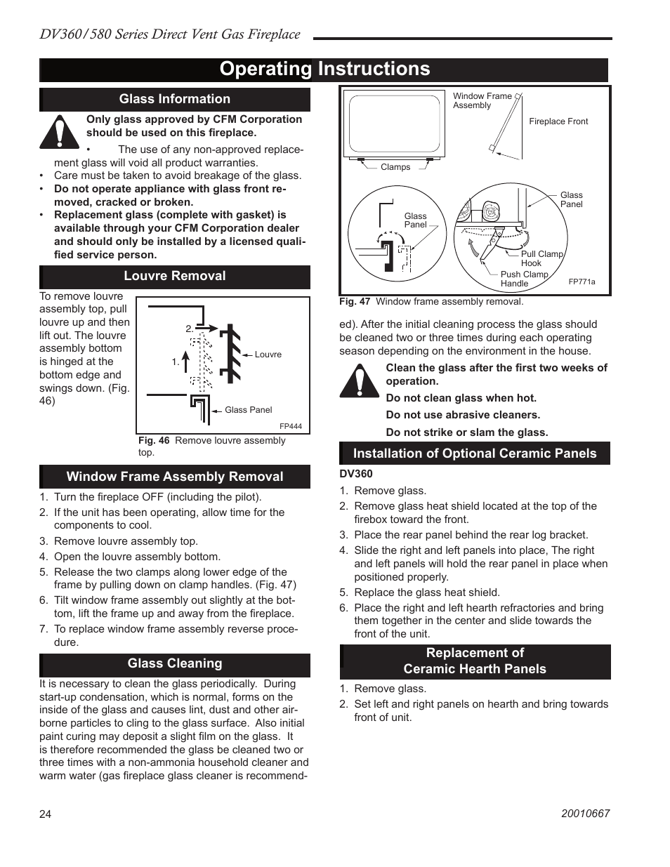 Operating instructions, Glass information, Louvre removal | Window frame assembly removal, Glass cleaning, Installation of optional ceramic panels, Replacement of ceramic hearth panels | Vermont Casting DV580 User Manual | Page 24 / 56