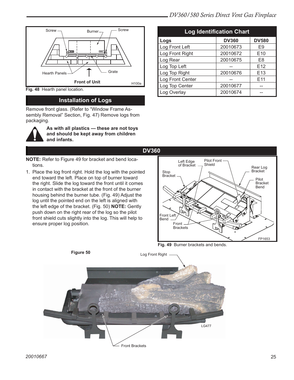 Dv360, Installation of logs, Log identiﬁcation chart | Vermont Casting DV580 User Manual | Page 25 / 56