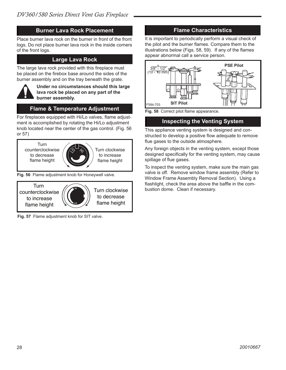 Burner lava rock placement, Large lava rock, Flame & temperature adjustment | Flame characteristics, Inspecting the venting system | Vermont Casting DV580 User Manual | Page 28 / 56