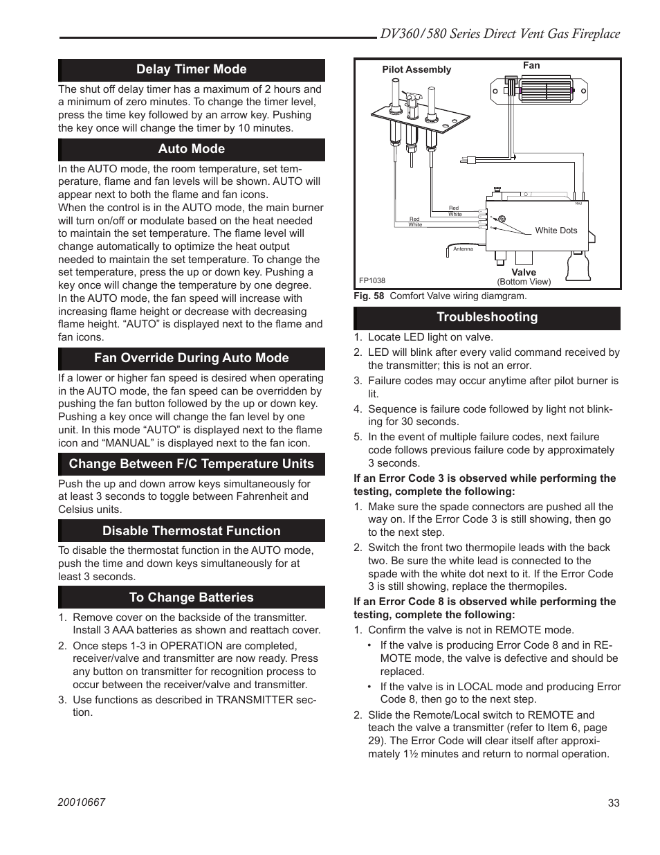 Delay timer mode, Auto mode, Fan override during auto mode | Change between f/c temperature units, Disable thermostat function, Troubleshooting | Vermont Casting DV580 User Manual | Page 33 / 56