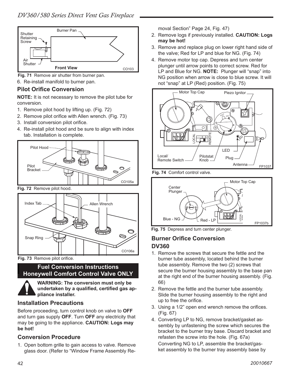 Pilot oriﬁce conversion, Installation precautions, Conversion procedure | Burner oriﬁce conversion dv360 | Vermont Casting DV580 User Manual | Page 42 / 56