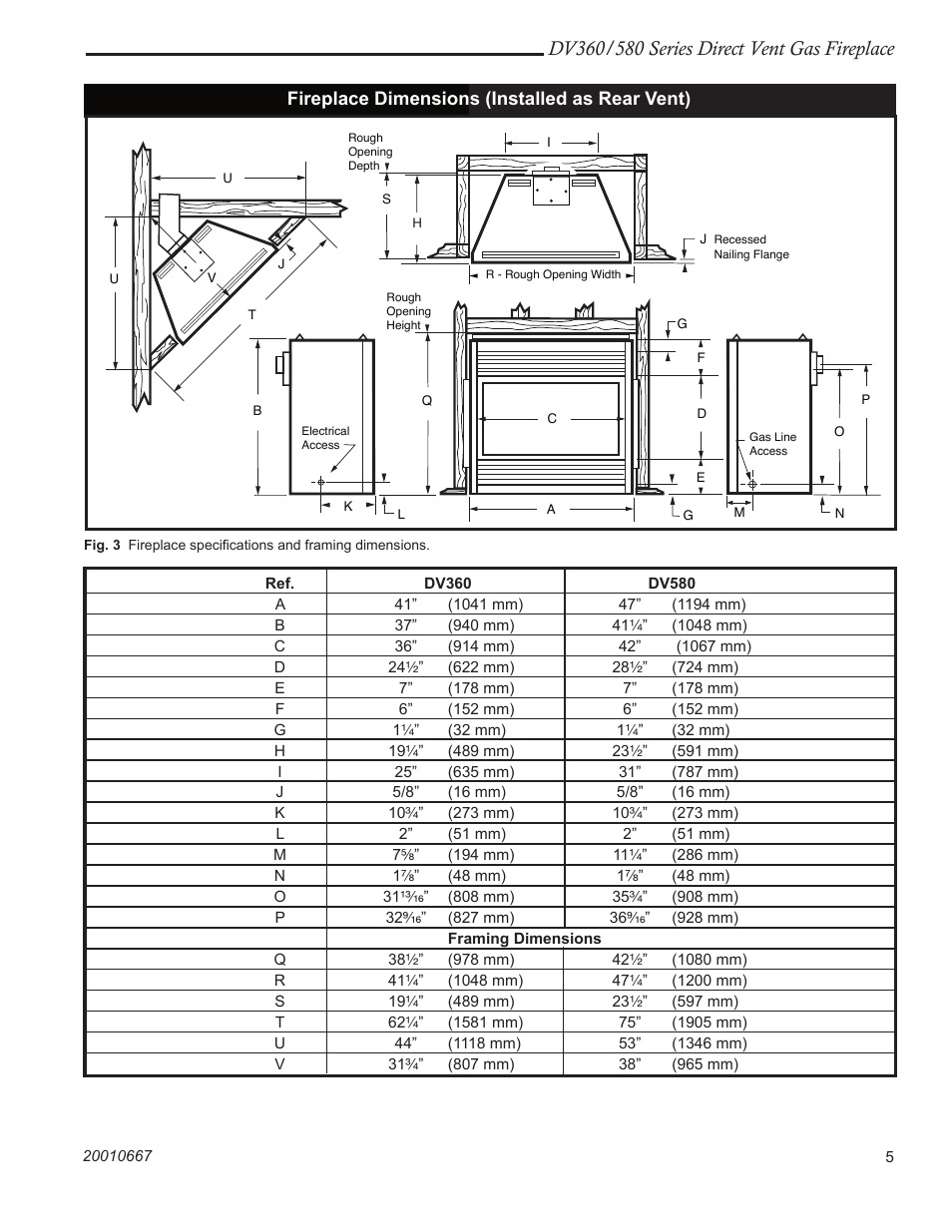 Fireplace dimensions (installed as rear vent) | Vermont Casting DV580 User Manual | Page 5 / 56